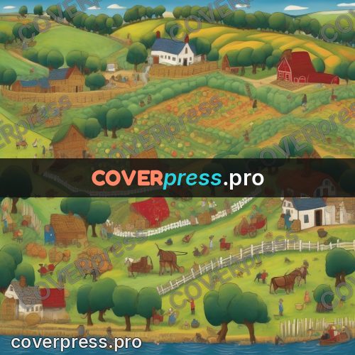 Folk art illustration: farms and fields with animals