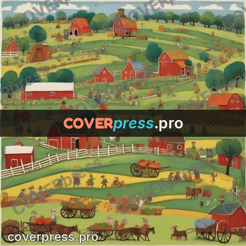 Folk art illustration: farms and fields with animals