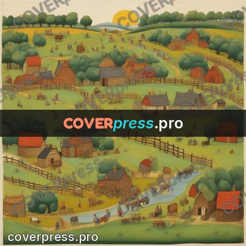 Folk art illustration: farms and fields with animals