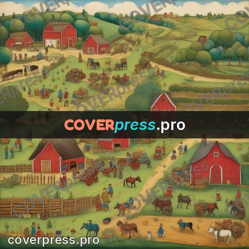 Folk art illustration: farms and fields with animals