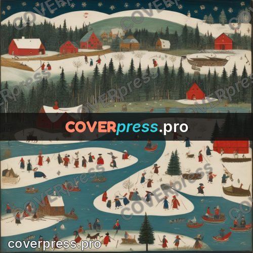 Folk art illustration: winter village by frozen water
