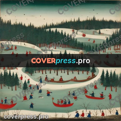 Folk art illustration: winter village by frozen water