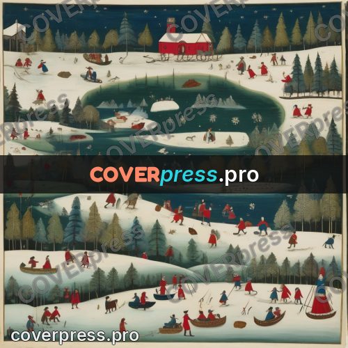Folk art illustration: winter village by frozen water