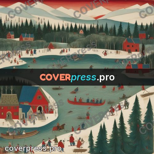 Folk art illustration: winter village by frozen water
