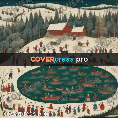 Folk art illustration: winter village by frozen water