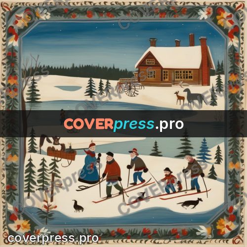 Folk art illustration: people on skis by a house