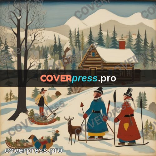 Folk art illustration: people on skis by a house