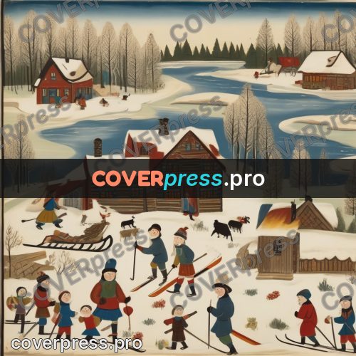 Folk art illustration: people on skis by a house