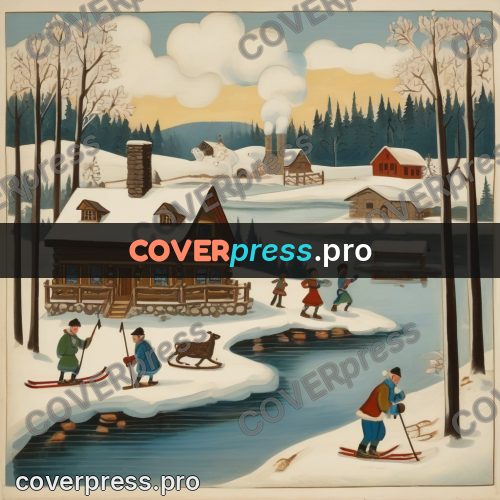 Folk art illustration: people on skis by a house