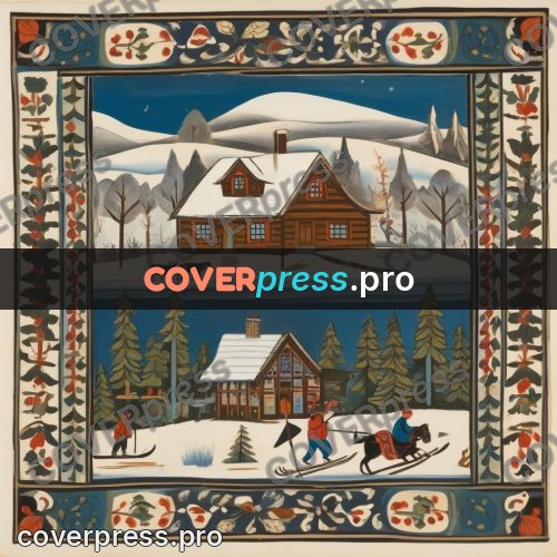 Folk art illustration: people on skis by a house