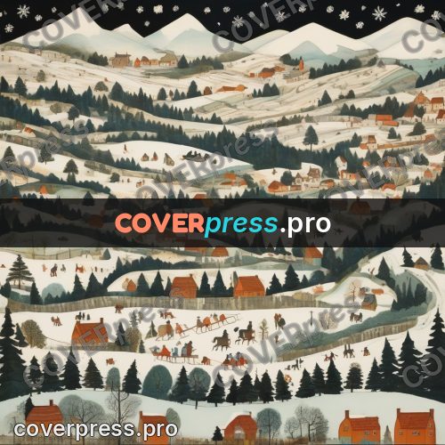 Folk art illustration: snowy hills with villages