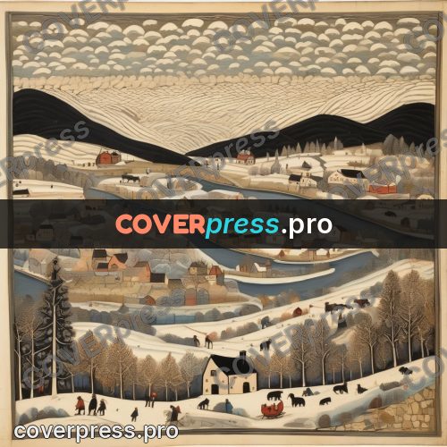 Folk art illustration: snowy hills with villages