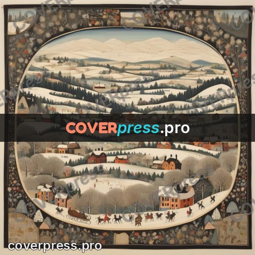 Folk art illustration: snowy hills with villages