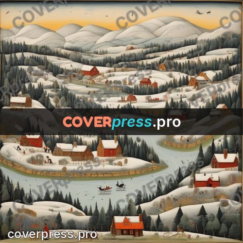 Folk art illustration: snowy hills with villages