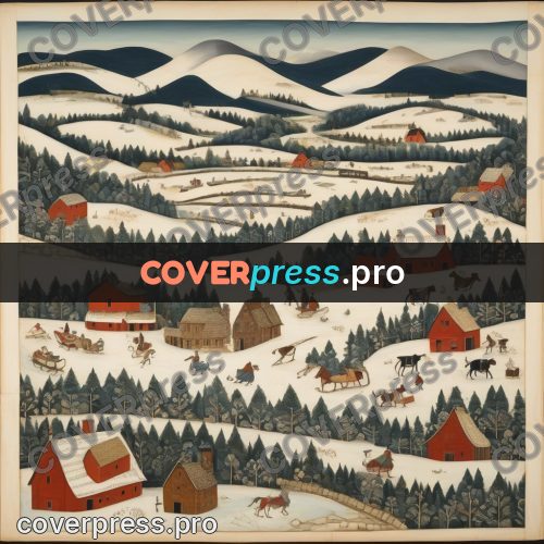 Folk art illustration: snowy hills with villages