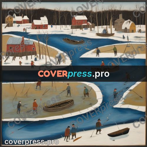 Folk art illustration: boats on a frozen river