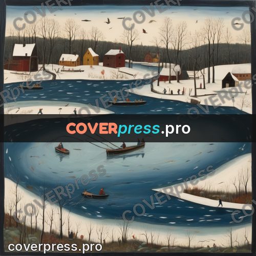 Folk art illustration: boats on a frozen river