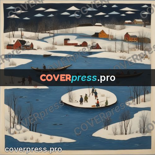 Folk art illustration: boats on a frozen river