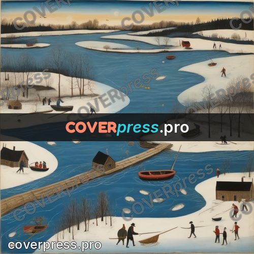 Folk art illustration: boats on a frozen river