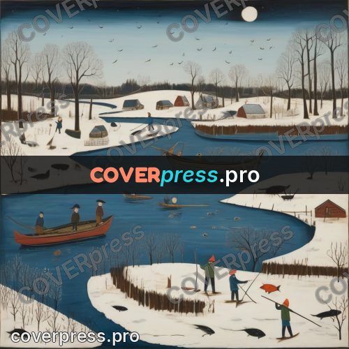 Folk art illustration: boats on a frozen river