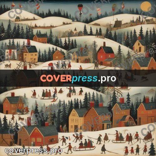 Folk art illustration: snowy village with sledges