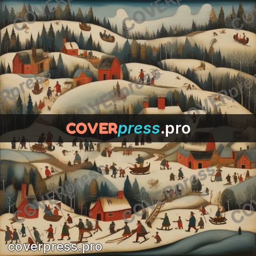 Folk art illustration: snowy village with sledges