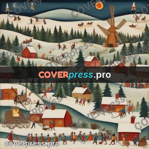 Folk art illustration: snowy village with sledges