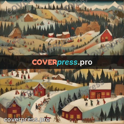 Folk art illustration: snowy village with sledges