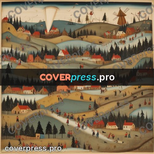 Folk art illustration: snowy village with sledges