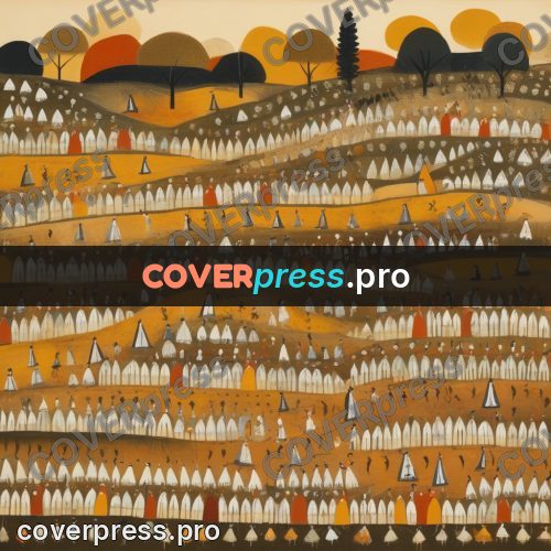 Folk art illustration: rows of figures on ochre ground