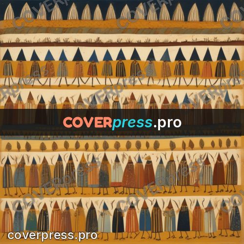 Folk art illustration: rows of figures on ochre ground
