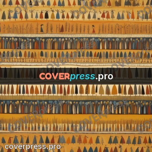 Folk art illustration: rows of figures on ochre ground