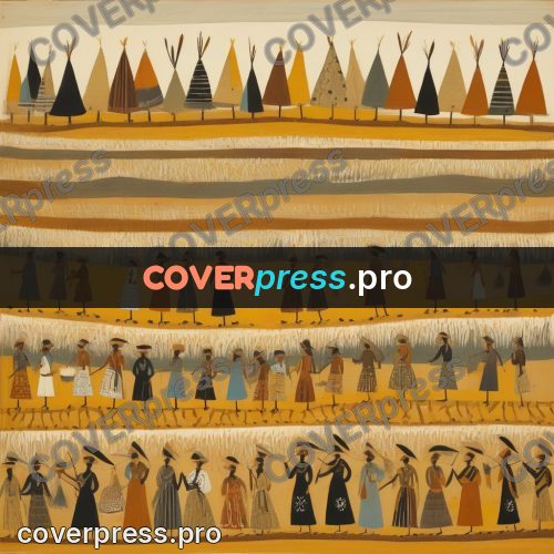 Folk art illustration: rows of figures on ochre ground