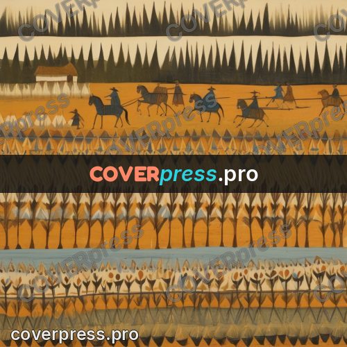Folk art illustration: rows of figures on ochre ground