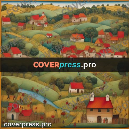Folk art illustration: hills with houses and fields