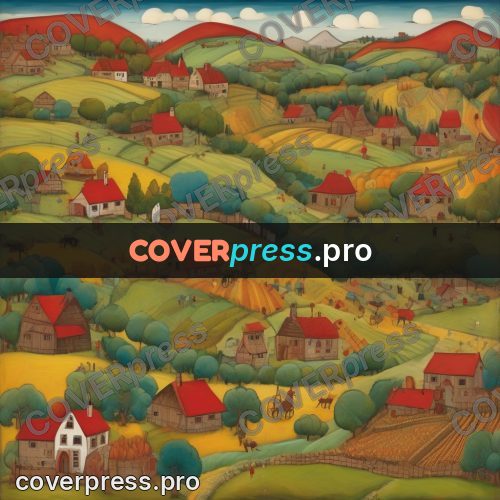 Folk art illustration: hills with houses and fields