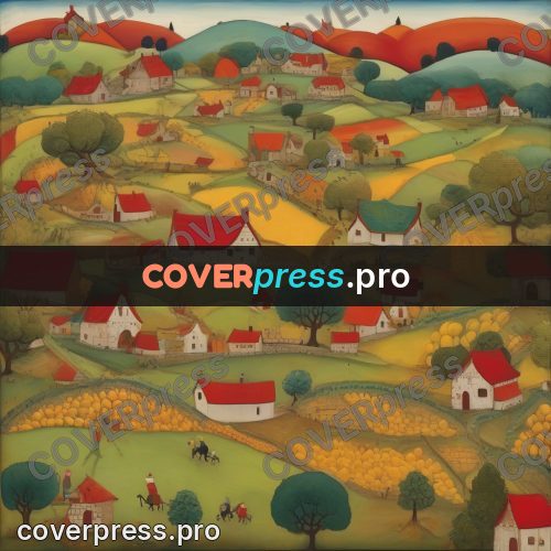 Folk art illustration: hills with houses and fields