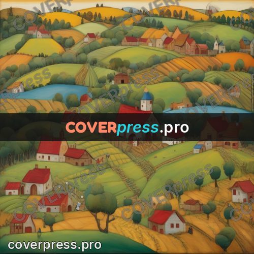 Folk art illustration: hills with houses and fields