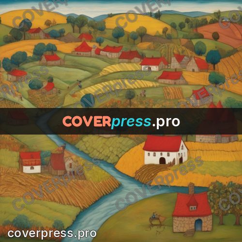 Folk art illustration: hills with houses and fields