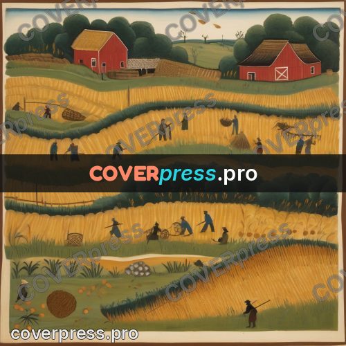 Folk art illustration: harvest on wheat fields