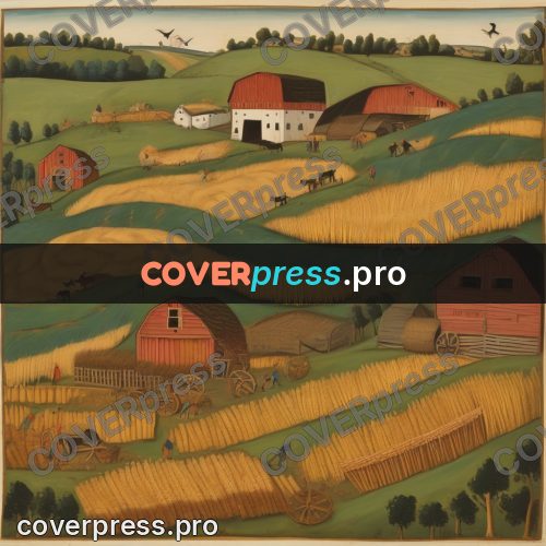 Folk art illustration: harvest on wheat fields