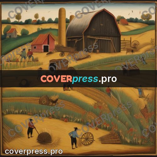 Folk art illustration: harvest on wheat fields