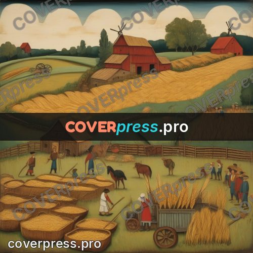 Folk art illustration: harvest on wheat fields