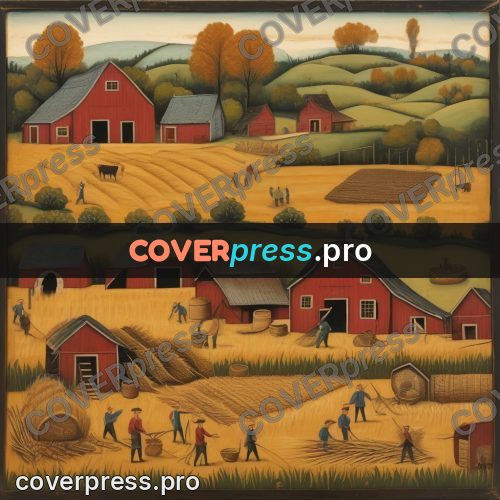 Folk art illustration: harvest on wheat fields