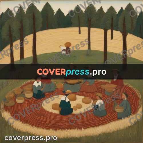 Folk art illustration: people around a round floor