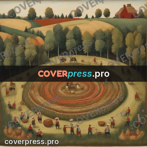 Folk art illustration: people around a round floor