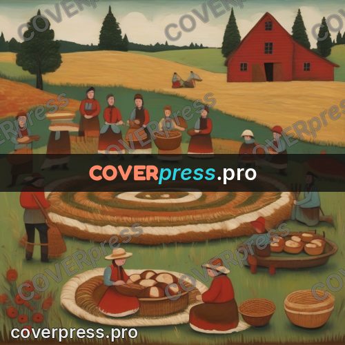 Folk art illustration: people around a round floor