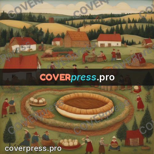 Folk art illustration: people around a round floor