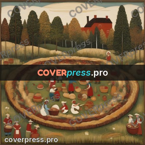 Folk art illustration: people around a round floor