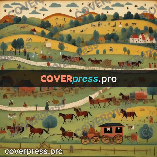 Folk art illustration: carts and horses in the fields